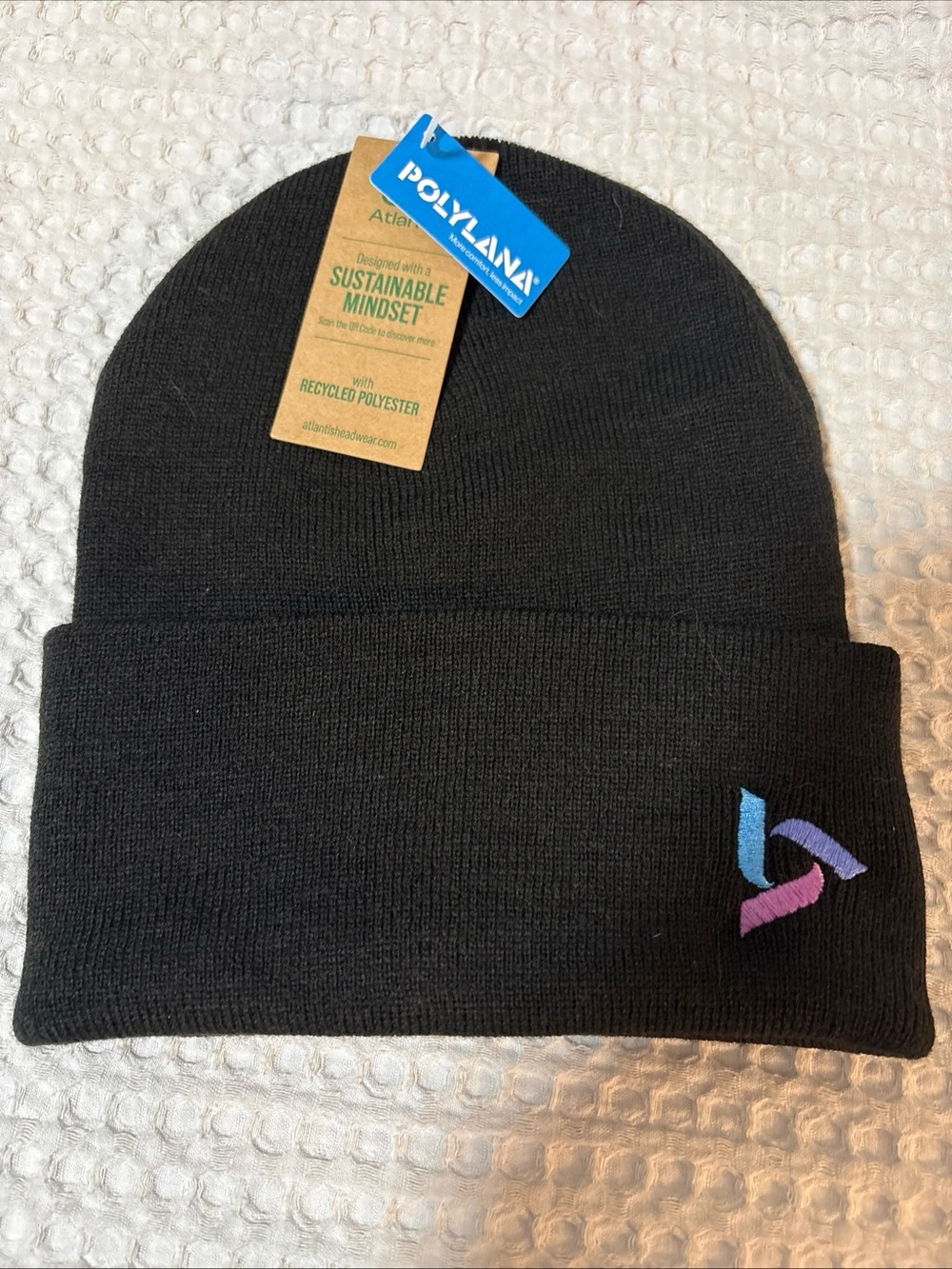 Atlantis Headwear PURE Polylana Black Beanie Embroidered Logo Sustainable NWT